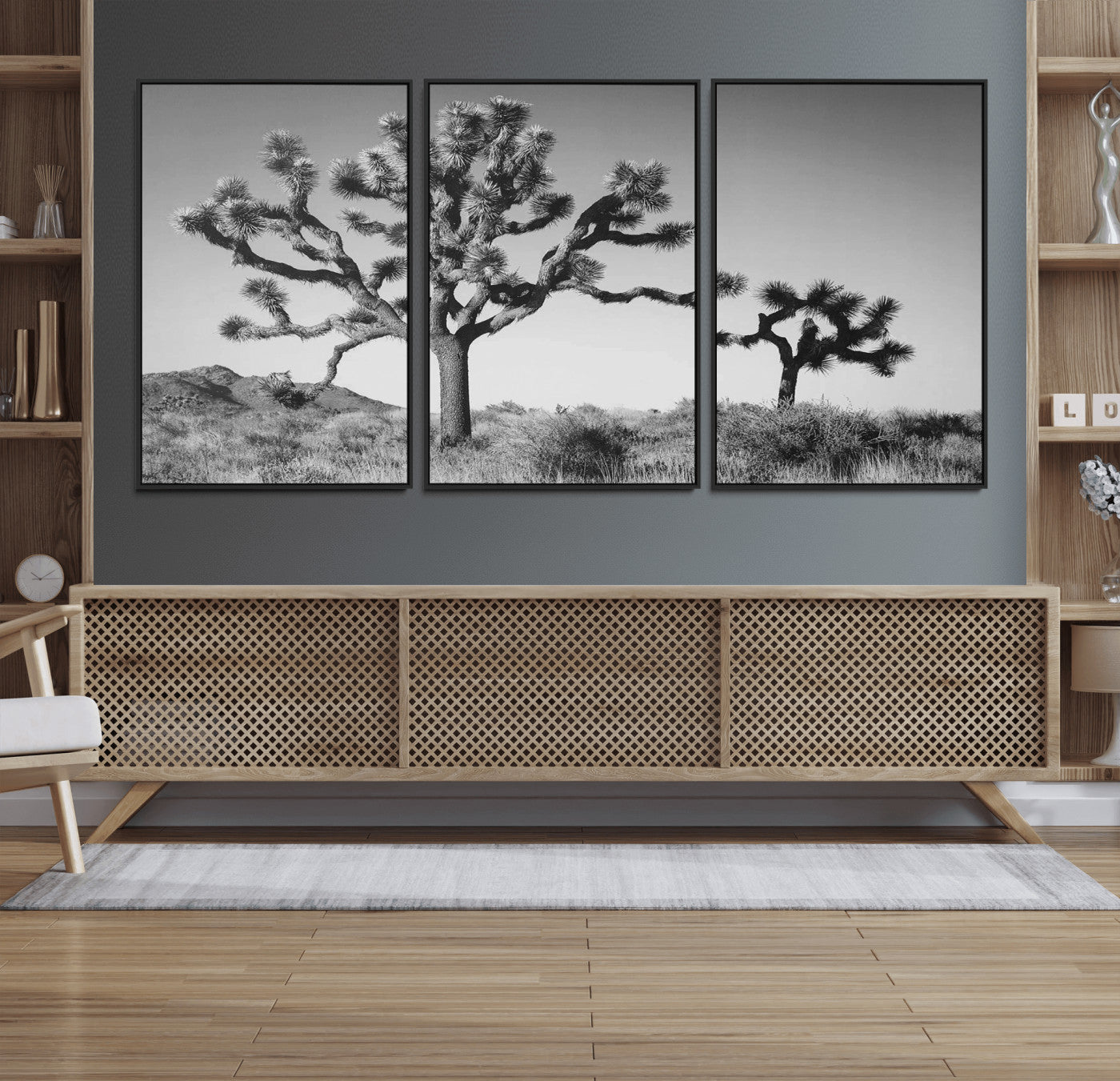 Black and white Joshua trees in a rugged desert landscape, creating a calm and minimalist feel for natural or rustic-themed interiors.