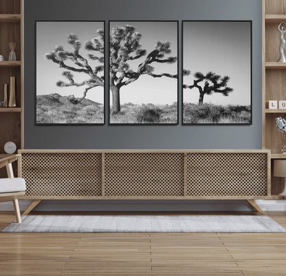 Black and white Joshua trees in a rugged desert landscape, creating a calm and minimalist feel for natural or rustic-themed interiors.