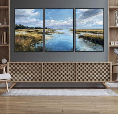 A beautiful, painterly landscape of a calm river winding through a marsh, with vibrant green grasses and a bright blue sky filled with fluffy clouds.