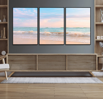 A peaceful beach scene with soft pastel skies, gentle waves washing up on the sandy shore, creating a calm and serene ocean view.