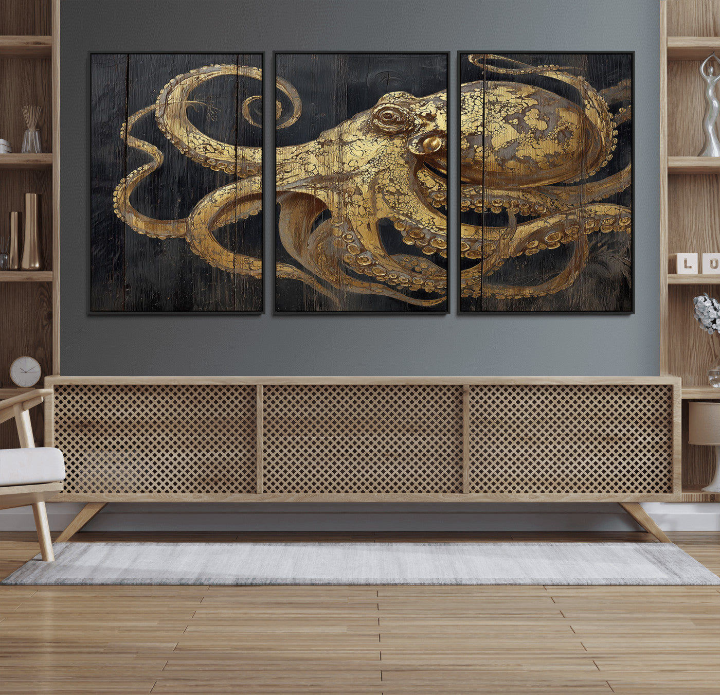 A detailed gold illustration of an octopus on black wooden planks, showing its intricate tentacles and textured skin in an artistic style.