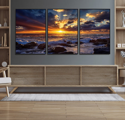 An explosive sunset over the ocean with dramatic clouds and rays of sunlight reflecting off the water, creating a vibrant and captivating view.