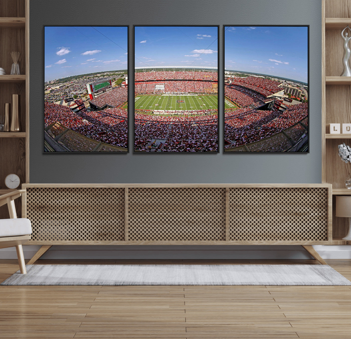 An William Brice-Stadium view of a full football stadium with cheering fans and clear blue skies, capturing the excitement and energy of the game.