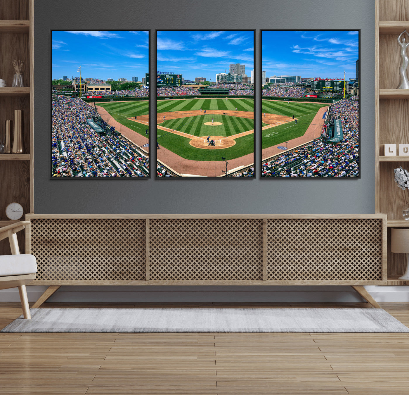 Wrigley Field Baseball Stadium Canvas Wall Art, Packed Crowd Sports Stadium Print, City Skyline Baseball Field Canvas for Game Room Decor