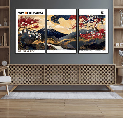 An artwork by Yayoi Kusama featuring Mount Fuji, blooming cherry blossoms, and swirling patterns in a harmonious blend of nature and art.
