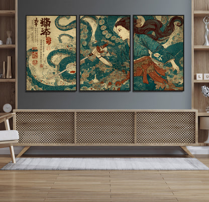 Tsukioka Yoshitoshi Samurai Wall Art Print, Japanese Katana Warrior Canvas Wall Art, Octopus Sea Monster Canvas Print,