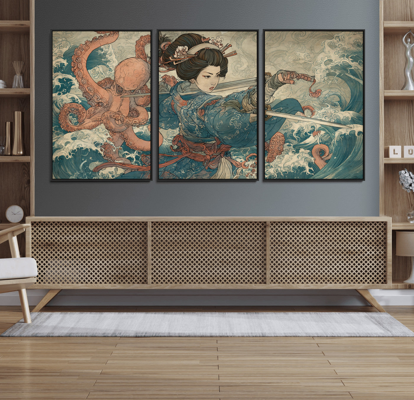 Tsukioka Yoshitoshi Samurai Wall Art Print, Japanese Katana Warrior Canvas Wall Art, Octopus Sea Monster Canvas Print,