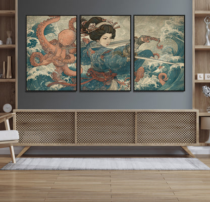 Tsukioka Yoshitoshi Samurai Wall Art Print, Japanese Katana Warrior Canvas Wall Art, Octopus Sea Monster Canvas Print,