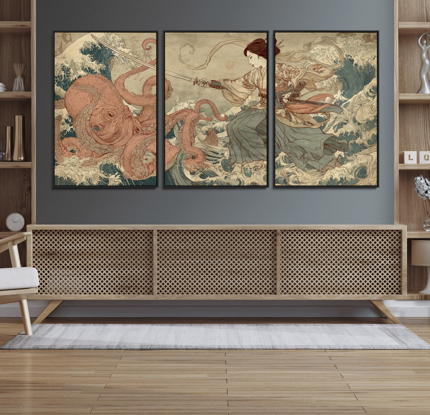 Tsukioka Yoshitoshi Samurai Wall Art Print, Japanese Katana Warrior Canvas Wall Art, Octopus Sea Monster Canvas Print,