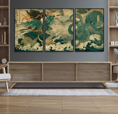 Tsukioka Yoshitoshi Samurai Wall Art Print, Japanese Katana Warrior Canvas Wall Art, Octopus Sea Monster Canvas Print,