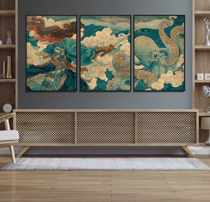 Tsukioka Yoshitoshi Samurai Wall Art Print, Japanese Katana Warrior Canvas Wall Art, Octopus Sea Monster Canvas Print,