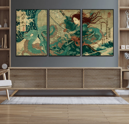 Tsukioka Yoshitoshi Samurai Wall Art Print, Japanese Katana Warrior Canvas Wall Art, Octopus Sea Monster Canvas Print,