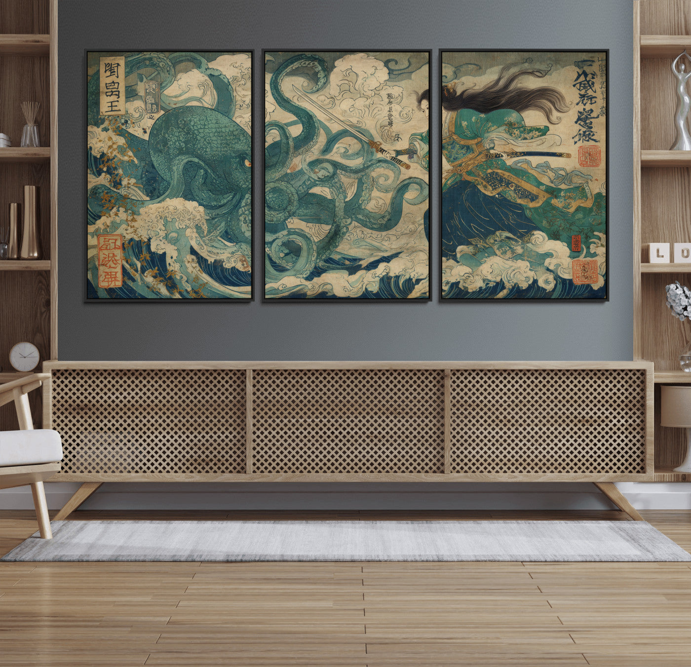 Tsukioka Yoshitoshi Samurai Wall Art Print, Japanese Katana Warrior Canvas Wall Art, Octopus Sea Monster Canvas Print,