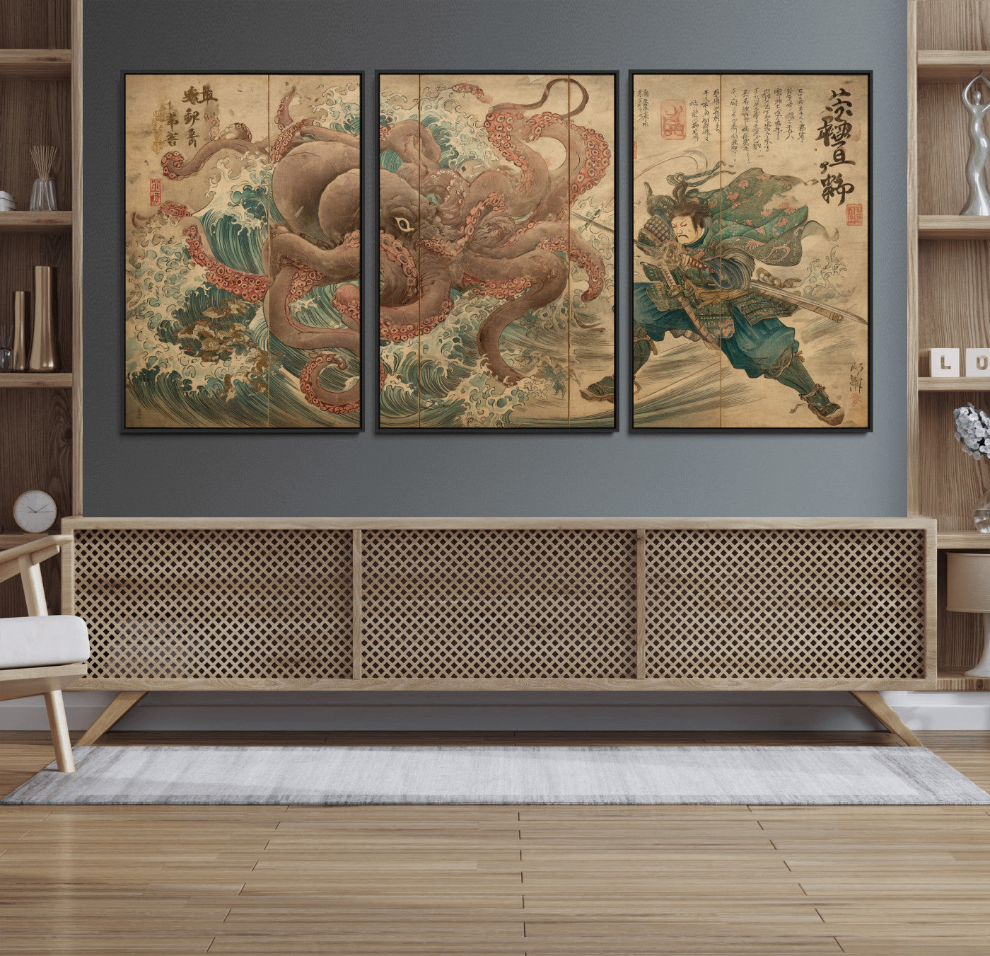 Tsukioka Yoshitoshi Samurai Wall Art Print, Japanese Katana Warrior Canvas Wall Art, Octopus Sea Monster Canvas Print,