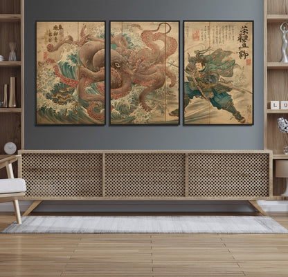 Tsukioka Yoshitoshi Samurai Wall Art Print, Japanese Katana Warrior Canvas Wall Art, Octopus Sea Monster Canvas Print,