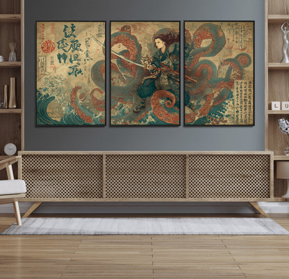 Tsukioka Yoshitoshi Samurai Wall Art Print, Japanese Katana Warrior Canvas Wall Art, Octopus Sea Monster Canvas Print,