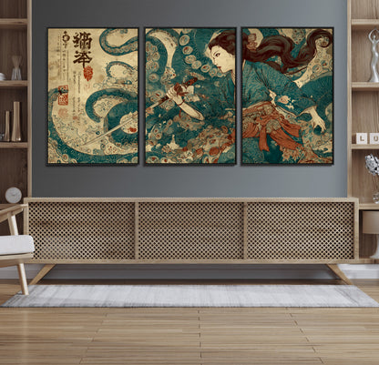 Tsukioka Yoshitoshi Samurai Wall Art Print, Japanese Katana Warrior Canvas Wall Art, Octopus Sea Monster Canvas Print,