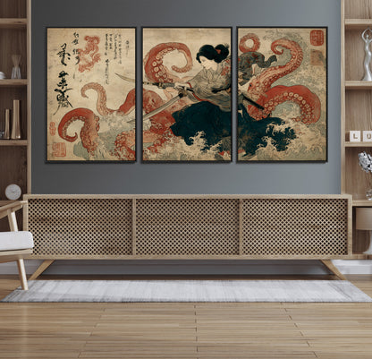 Tsukioka Yoshitoshi Samurai Wall Art Print, Japanese Katana Warrior Canvas Wall Art, Octopus Sea Monster Canvas Print,