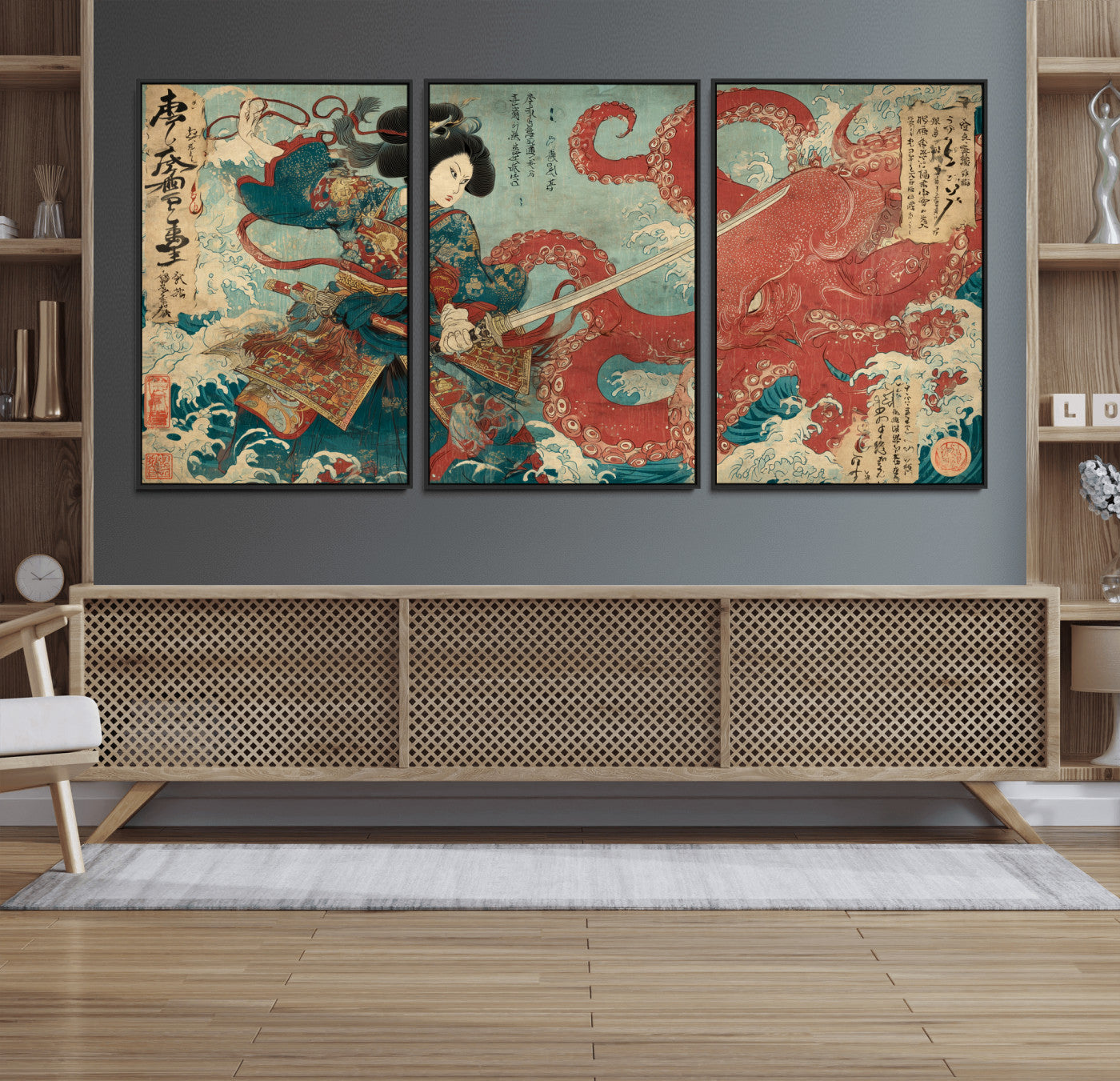 Tsukioka Yoshitoshi Samurai Wall Art Print, Japanese Katana Warrior Canvas Wall Art, Octopus Sea Monster Canvas Print,