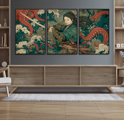 Tsukioka Yoshitoshi Samurai Wall Art Print, Japanese Katana Warrior Canvas Wall Art, Octopus Sea Monster Canvas Print,