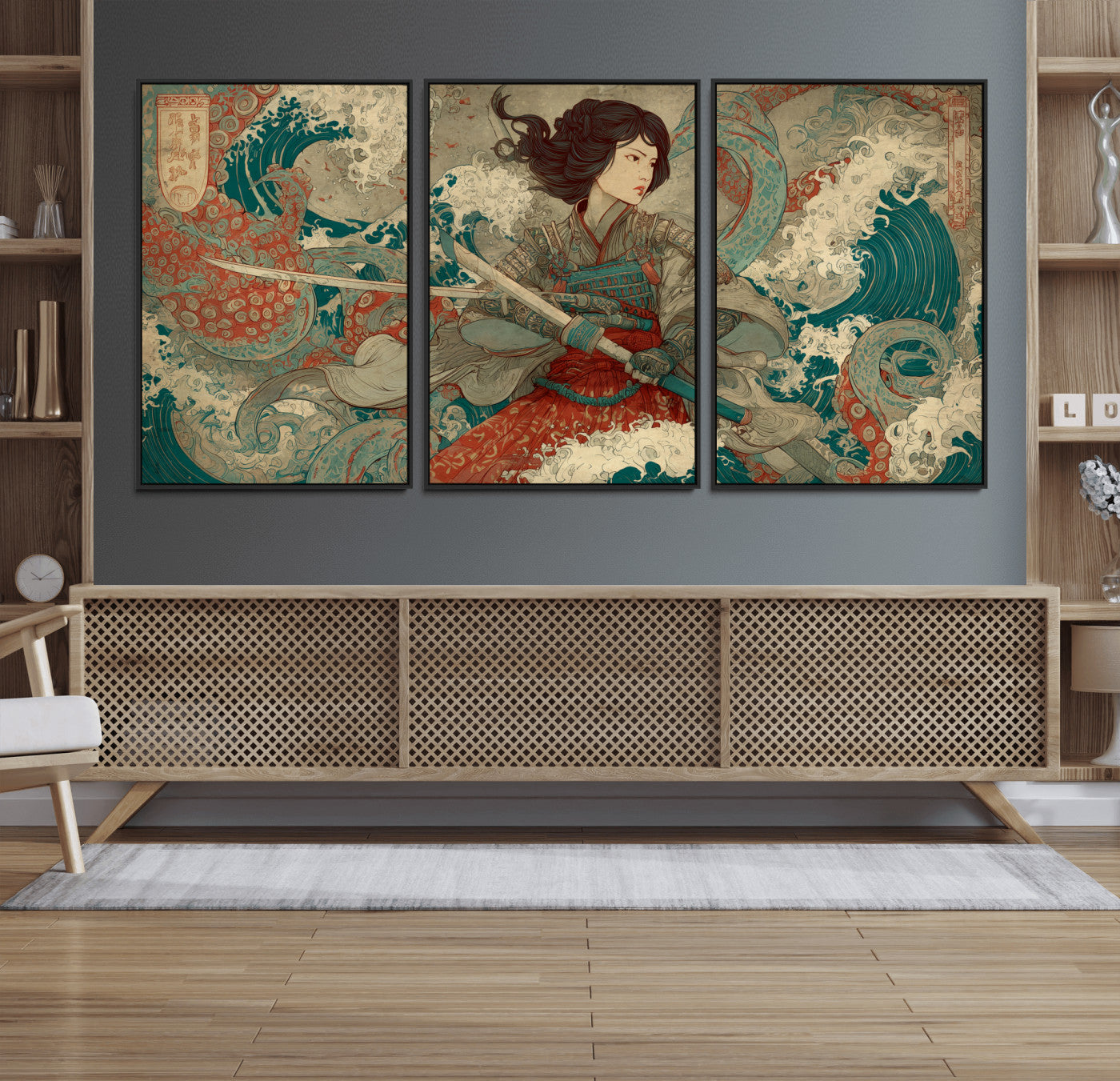 Tsukioka Yoshitoshi Samurai Wall Art Print, Japanese Katana Warrior Canvas Wall Art, Octopus Sea Monster Canvas Print,