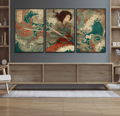 Tsukioka Yoshitoshi Samurai Wall Art Print, Japanese Katana Warrior Canvas Wall Art, Octopus Sea Monster Canvas Print,