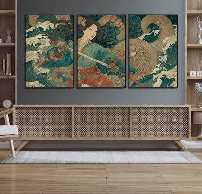 Tsukioka Yoshitoshi Samurai Wall Art Print, Japanese Katana Warrior Canvas Wall Art, Octopus Sea Monster Canvas Print,