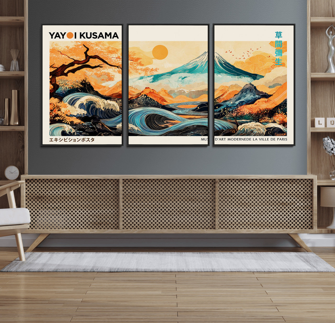 Modern Japanese-style art print featuring a stylized Mount Fuji, flowing waves, and vibrant landscapes in bold colors, inspired by traditional and contemporary aesthetics.