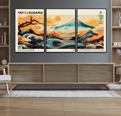 Modern Japanese-style art print featuring a stylized Mount Fuji, flowing waves, and vibrant landscapes in bold colors, inspired by traditional and contemporary aesthetics.