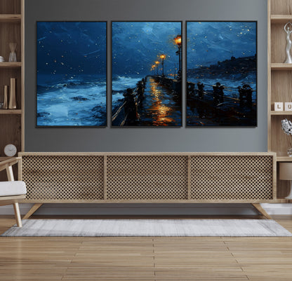 "Impressionistic painting of a rainy pier at night with glowing street lamps reflecting on the wet surface, ocean waves crashing under a dark blue sky."