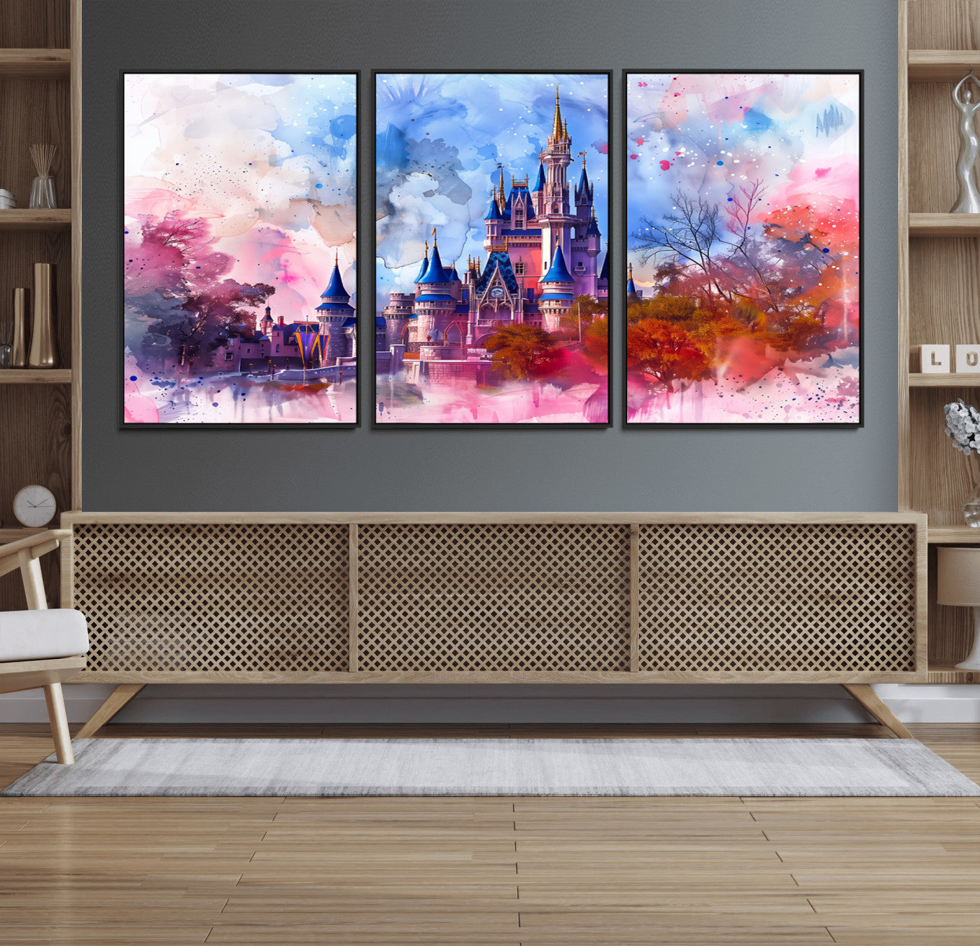Watercolor canvas of a dreamy Disney-style castle in pastel pink and blue tones, perfect for fairytale or whimsical home decor.