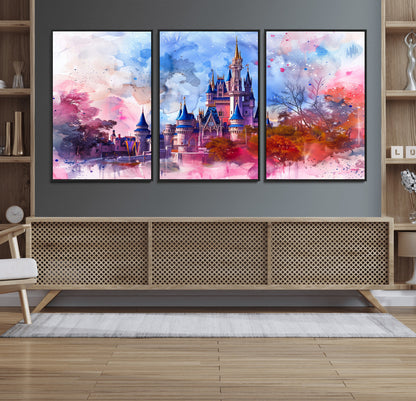 Watercolor canvas of a dreamy Disney-style castle in pastel pink and blue tones, perfect for fairytale or whimsical home decor.