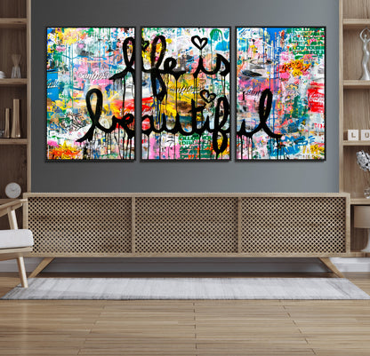 Colorful urban-style canvas with graffiti text “Life is Beautiful” in black paint, ideal for bold or street-themed home decor.