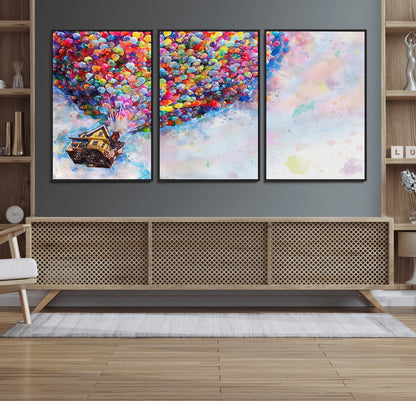 Whimsical canvas of the house from the movie Up flying with colorful balloons, ideal for Pixar or animation-themed decor.