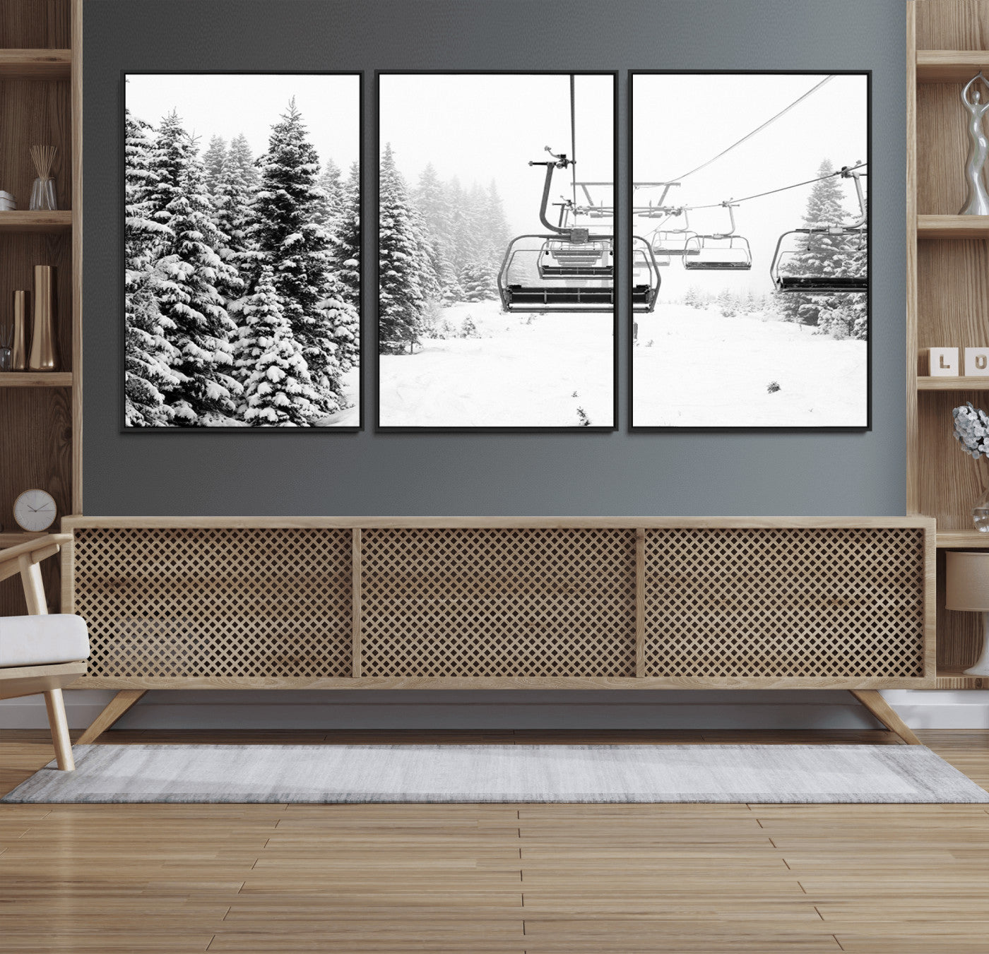 Black and white canvas of empty ski lifts over a snowy pine forest, perfect for minimal winter or ski lodge-inspired decor.