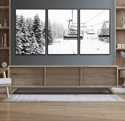 Black and white canvas of empty ski lifts over a snowy pine forest, perfect for minimal winter or ski lodge-inspired decor.