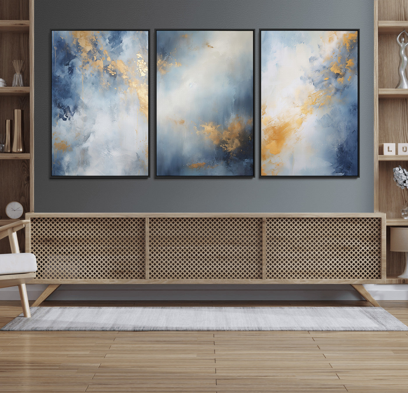 Abstract canvas art in soft blue and gold tones with textured brushstrokes, ideal for elegant or modern neutral decor spaces.