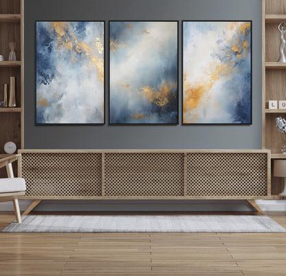 Abstract canvas art in soft blue and gold tones with textured brushstrokes, ideal for elegant or modern neutral decor spaces.