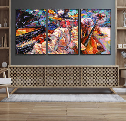 Vibrant oil painting of a jazz band with piano, saxophone, and bass, ideal for colorful and expressive music-themed home decor.