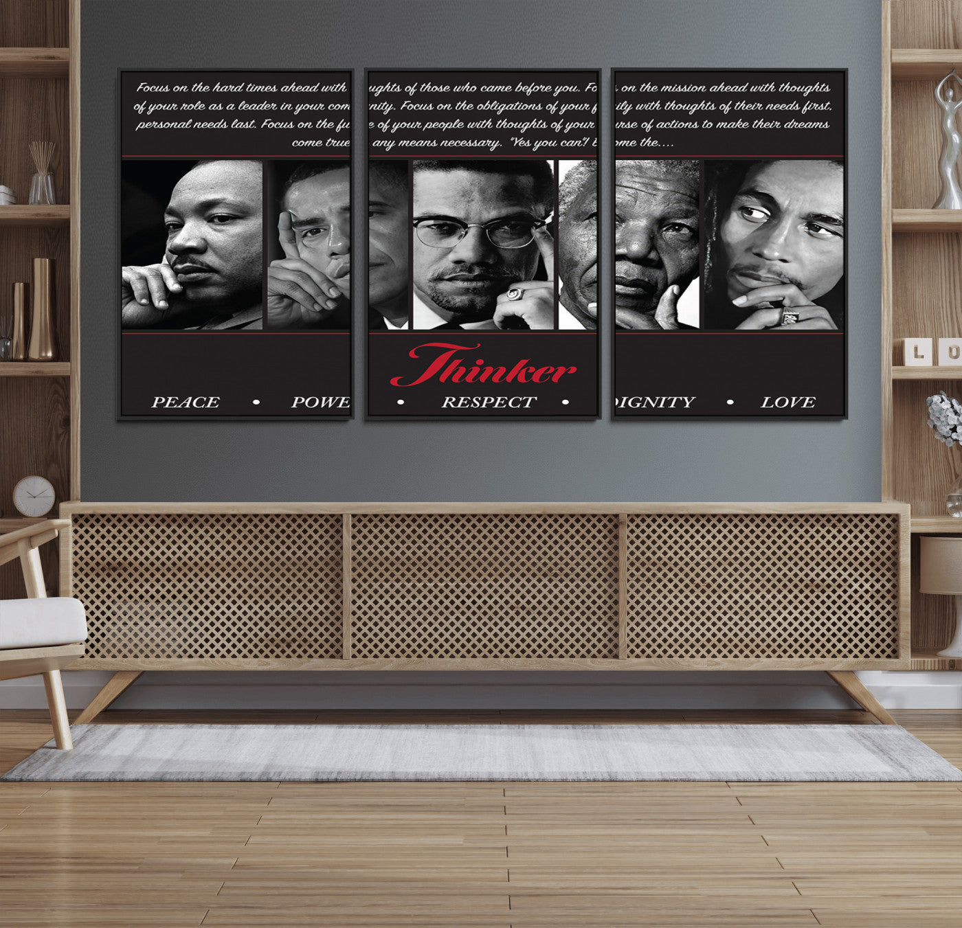 Monochrome canvas of iconic Black leaders with a powerful quote, perfect for modern spaces with a cultural or motivational theme.