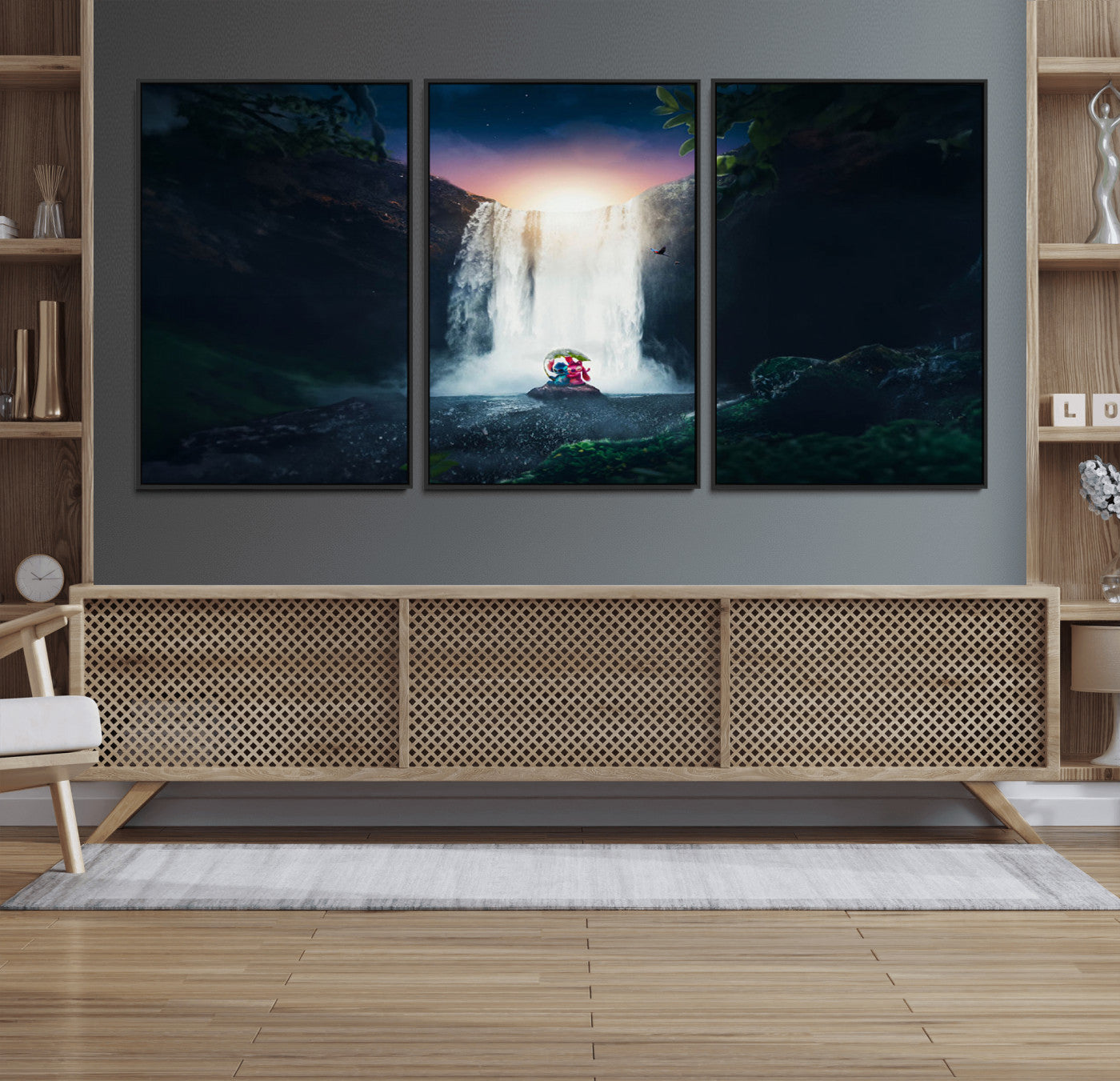 Romantic scene of Stitch and Angel sitting under a leaf in front of a glowing waterfall, ideal for tropical or fantasy-themed decor.