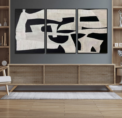 Minimalist black and white canvas featuring bold abstract textures and geometric shapes, ideal for modern neutral decor.