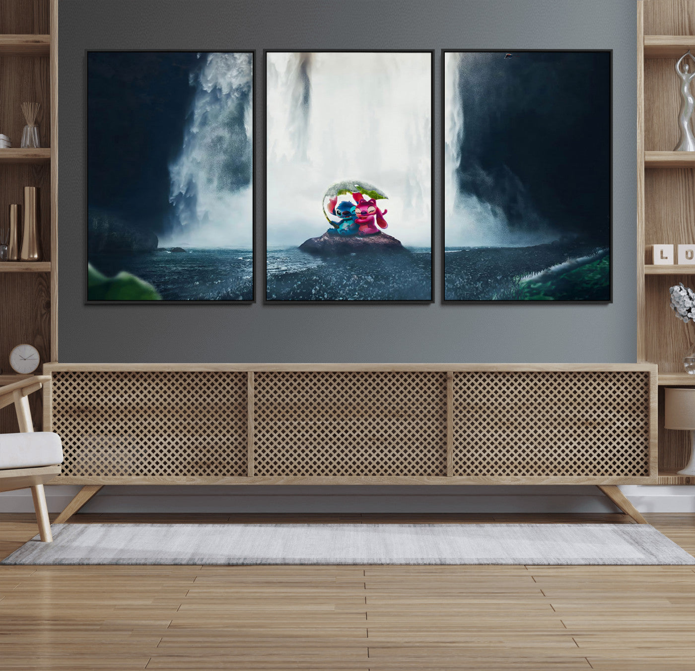 Fantasy canvas of Stitch and Angel under a leaf umbrella in front of a dramatic waterfall, perfect for moody jungle-themed or animated decor.