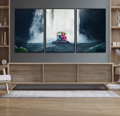 Fantasy canvas of Stitch and Angel under a leaf umbrella in front of a dramatic waterfall, perfect for moody jungle-themed or animated decor.