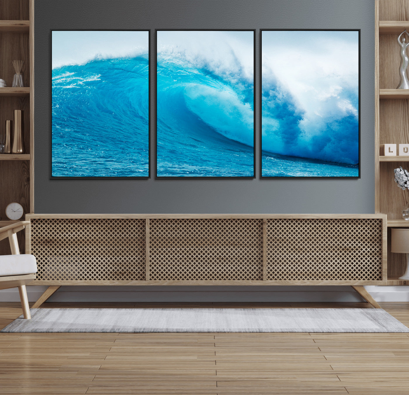 Vibrant canvas of a powerful curling ocean wave in tropical blue tones, perfect for coastal or surf-inspired decor settings.