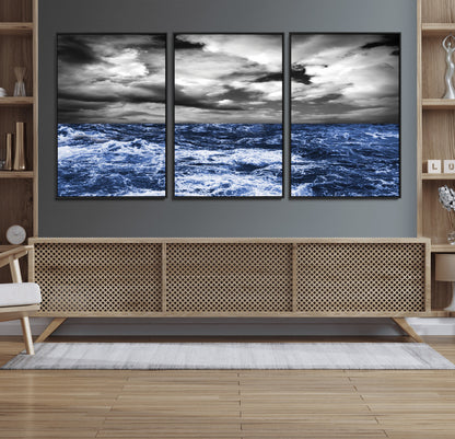Moody canvas wall art of a stormy ocean under a dramatic black-and-white sky, perfect for bold or coastal-style interiors.