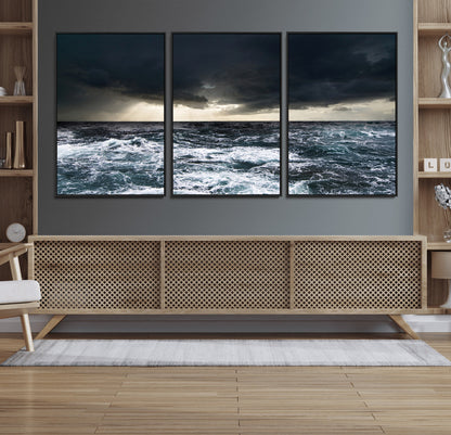 Moody ocean scene with stormy skies and crashing waves, perfect for dramatic or coastal-style home wall decor.