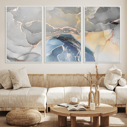 63211-MGV-FC-60X30-3P_White-Abstract Fluid Art Wall Decor – Blue, Gray & Gold Canvas Print, Modern Home and Office Wall Art Decor for Living Room, Bedroom or Workspace