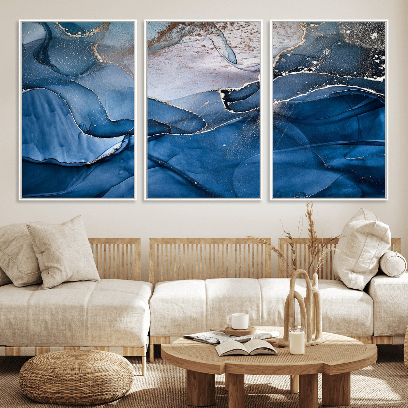 27810-MGV-FC-60X30-3P_White-Abstract Blue Gold Fluid Art Wall Decor – Modern Canvas Print, Elegant Home & Office Wall Art, Stylish Living Room or Bedroom Decoration
