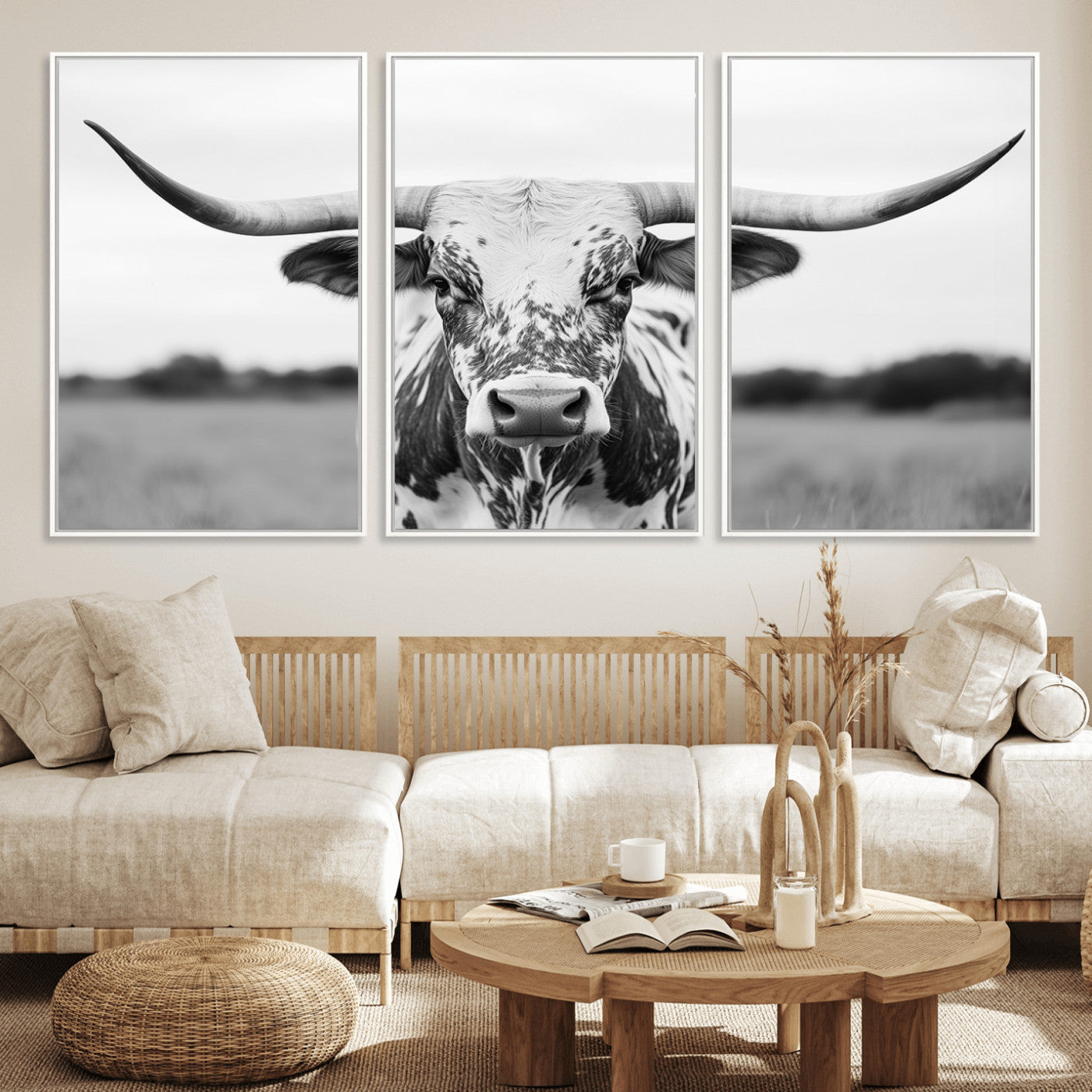 Capture the strength and elegance of nature with this striking black and white portrait of a longhorn cow. Its powerful presence makes a bold statement in any room.
